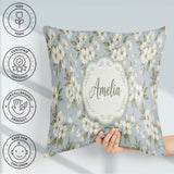 Custom Name Delicate White Blossom Flowers on Soft Blue Seamless Square Filled Cushion Throw Pillow Sofa Bed Home Decor Zip Washable UK Made