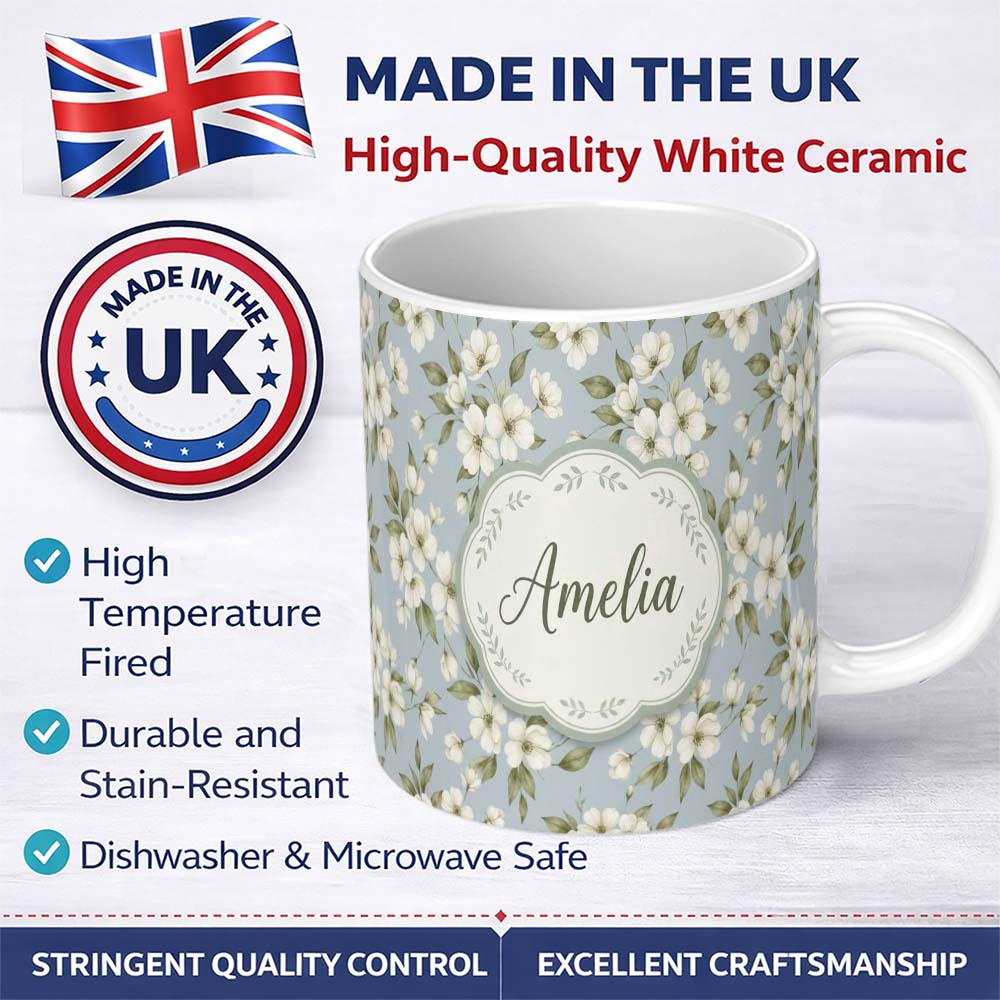 Personalized Custom Name Delicate White Blossom Flowers on Soft Blue Seamless Pattern Name 11oz Ceramic Coffee Tea Mug White Large Handle