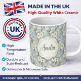 Personalized Custom Name Delicate White Blossom Flowers on Soft Blue Seamless Pattern Name 11oz Ceramic Coffee Tea Mug White Large Handle