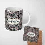 Personalized Custom Name Geometric Floral Tile in Coral and Navy Seamless Pattern Name Cute 11oz Ceramic Coffee Tea Mug White Large Handle