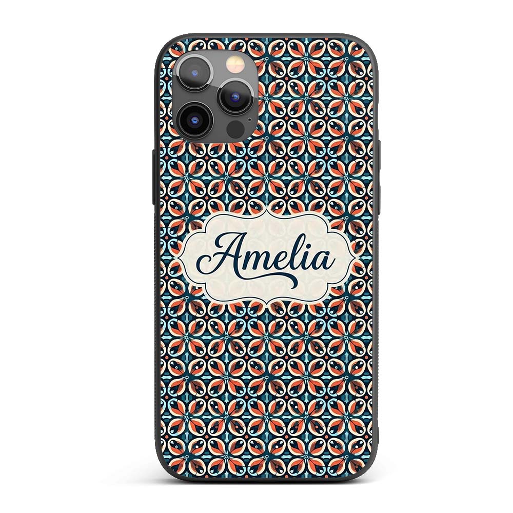 Geometric Floral Tile in Coral and Navy Seamless Custom Name Protective Phone Case Mobile Cover Durable Everyday Smartphone Shock Resistant