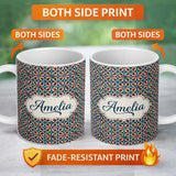 Personalized Custom Name Geometric Floral Tile in Coral and Navy Seamless Pattern Name Cute 11oz Ceramic Coffee Tea Mug White Large Handle
