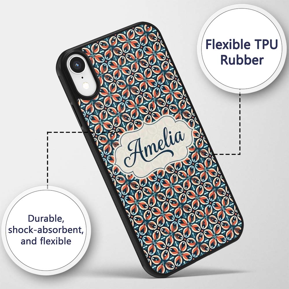 Geometric Floral Tile in Coral and Navy Seamless Custom Name Protective Phone Case Mobile Cover Durable Everyday Smartphone Shock Resistant