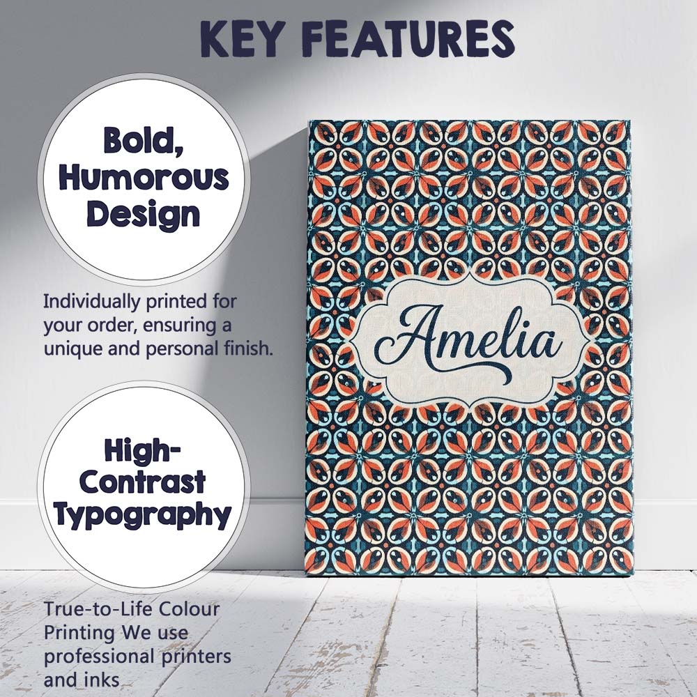 Personalised Name Geometric Floral Tile in Custom  Unique Gift Idea Elegant Feature Canvas Wall Art Print Decor Picture Ready to Hang
