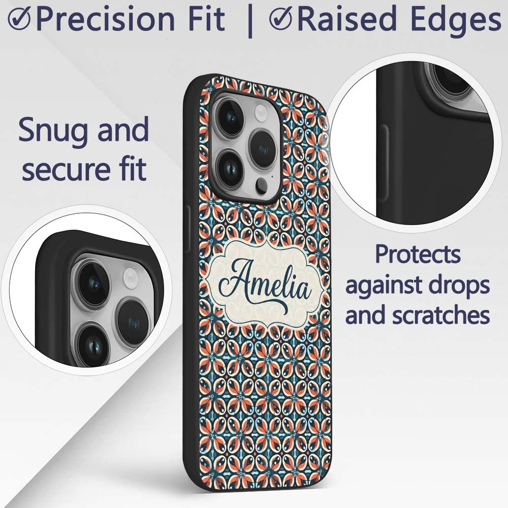 Geometric Floral Tile in Coral and Navy Seamless Custom Name Protective Phone Case Mobile Cover Durable Everyday Smartphone Shock Resistant