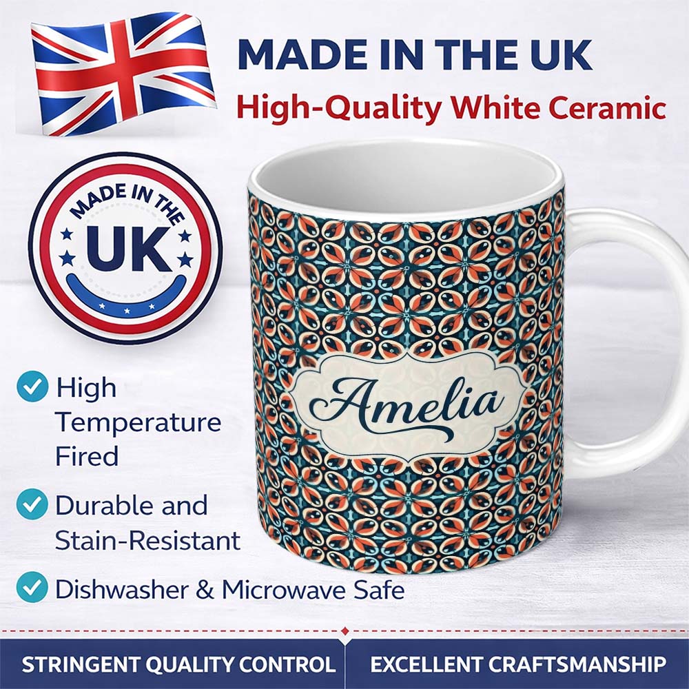 Personalized Custom Name Geometric Floral Tile in Coral and Navy Seamless Pattern Name Cute 11oz Ceramic Coffee Tea Mug White Large Handle