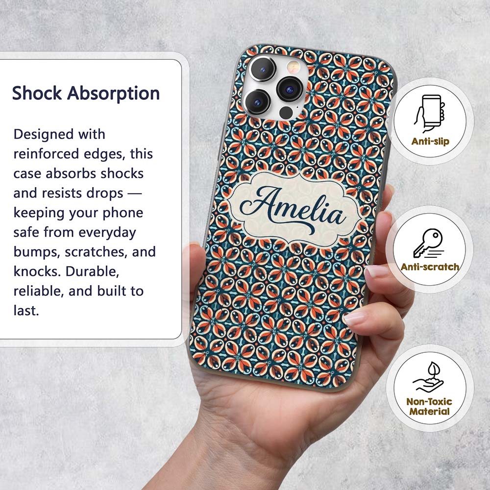 Geometric Floral Tile in Coral and Navy Seamless Custom Name Protective Phone Case Mobile Cover Durable Everyday Smartphone Shock Resistant