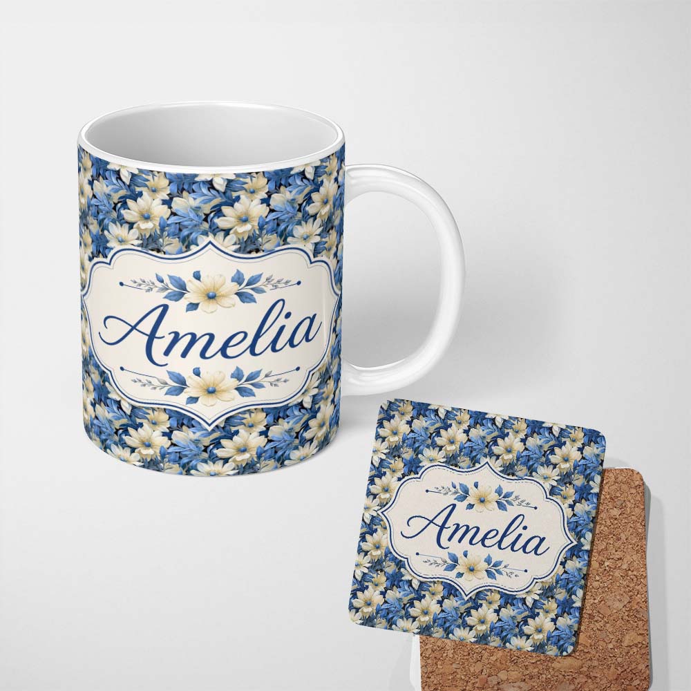 Personalized Custom Name Elegant Blue and Cream Floral Garden Seamless Pattern Name Cute 11oz Ceramic Coffee Tea Mug White Large Handle