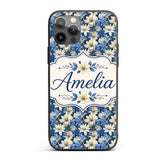 Elegant Blue and Cream Floral Garden Seamless Custom Name Protective Phone Case Mobile Cover Durable Everyday Smartphone Shock Resistant