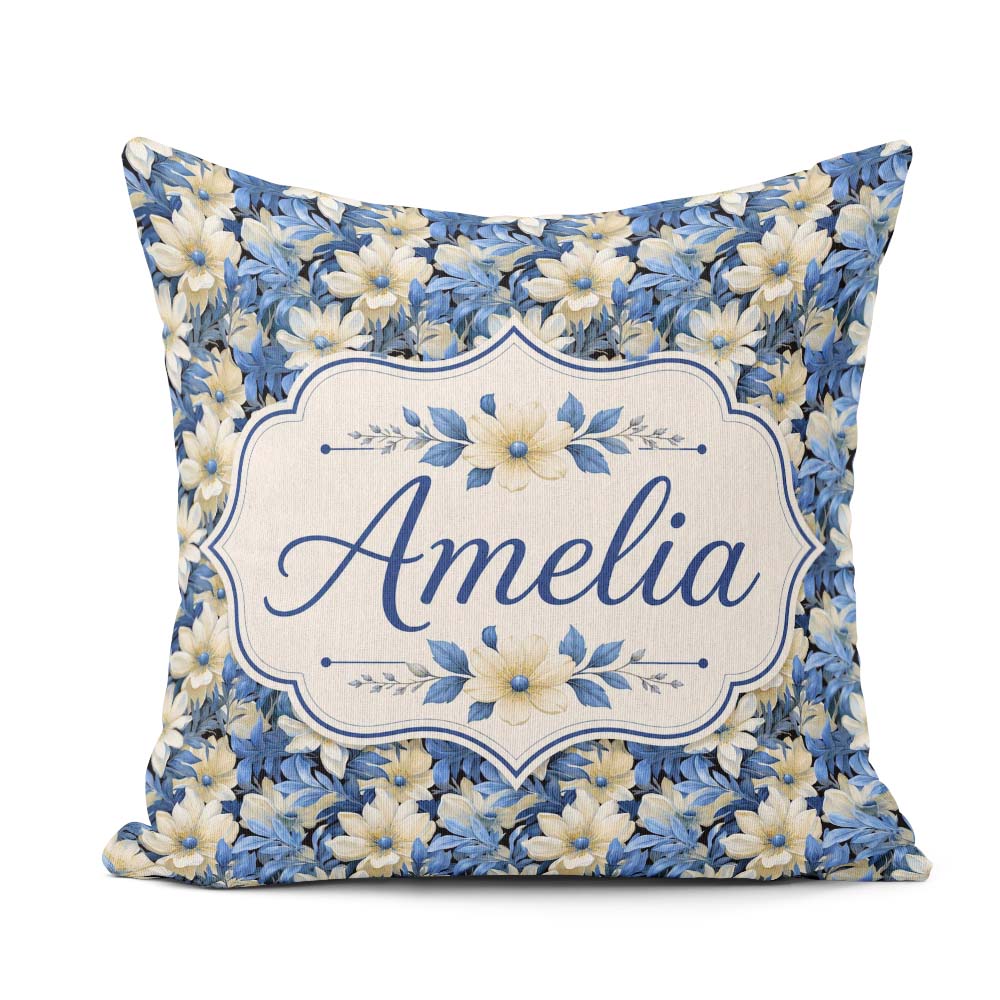 Custom Name Elegant Blue and Floral Garden Seamless Pattern Name Square Filled Cushion Throw Pillow Sofa Bed Home Decor Zip Washable UK Made