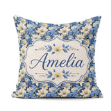 Custom Name Elegant Blue and Floral Garden Seamless Pattern Name Square Filled Cushion Throw Pillow Sofa Bed Home Decor Zip Washable UK Made