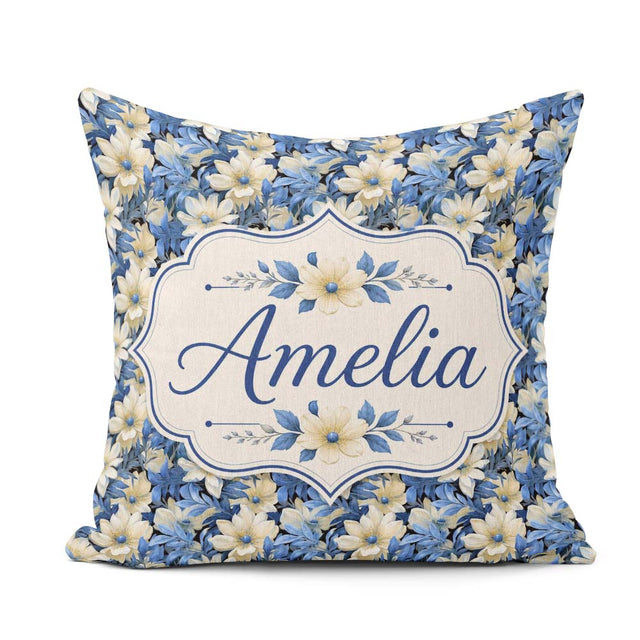 Custom Name Elegant Blue and Floral Garden Seamless Pattern Name Square Filled Cushion Throw Pillow Sofa Bed Home Decor Zip Washable UK Made