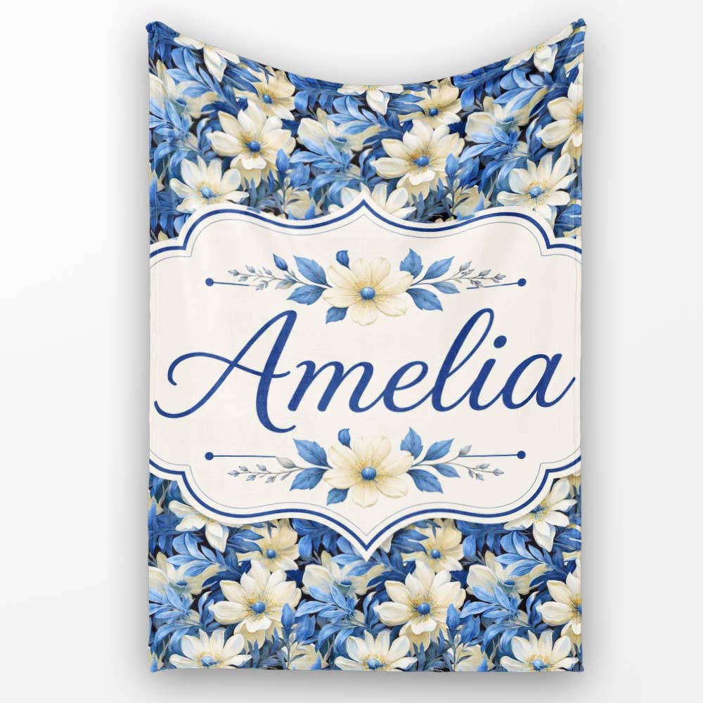 Elegant Blue and Cream Floral Garden Seamless Pattern Name Cute  Personalised Custom Name Super Soft Fleece Blanket Bed Sofa Throw