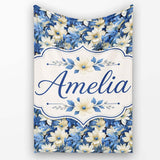 Elegant Blue and Cream Floral Garden Seamless Pattern Name Cute  Personalised Custom Name Super Soft Fleece Blanket Bed Sofa Throw