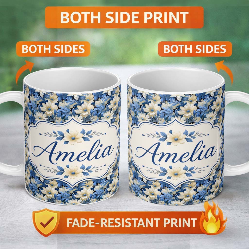 Personalized Custom Name Elegant Blue and Cream Floral Garden Seamless Pattern Name Cute 11oz Ceramic Coffee Tea Mug White Large Handle