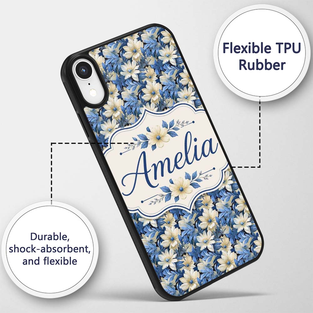 Elegant Blue and Cream Floral Garden Seamless Custom Name Protective Phone Case Mobile Cover Durable Everyday Smartphone Shock Resistant