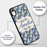 Elegant Blue and Cream Floral Garden Seamless Custom Name Protective Phone Case Mobile Cover Durable Everyday Smartphone Shock Resistant