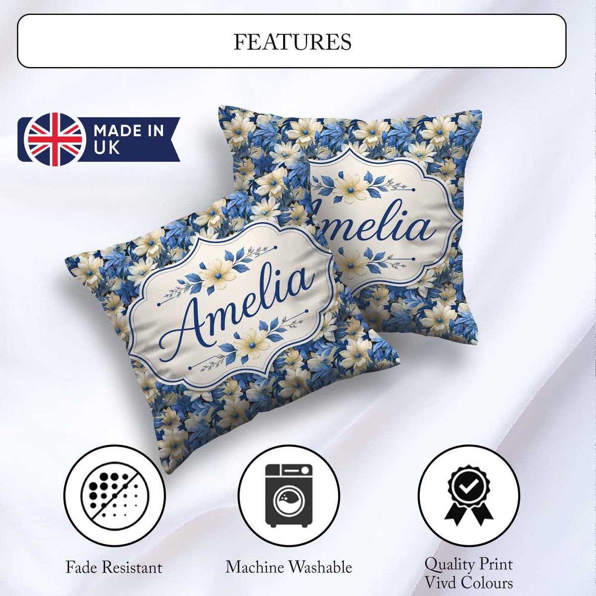 Custom Name Elegant Blue and Floral Garden Seamless Pattern Name Square Filled Cushion Throw Pillow Sofa Bed Home Decor Zip Washable UK Made