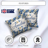 Custom Name Elegant Blue and Floral Garden Seamless Pattern Name Square Filled Cushion Throw Pillow Sofa Bed Home Decor Zip Washable UK Made