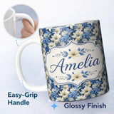 Personalized Custom Name Elegant Blue and Cream Floral Garden Seamless Pattern Name Cute 11oz Ceramic Coffee Tea Mug White Large Handle