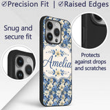 Elegant Blue and Cream Floral Garden Seamless Custom Name Protective Phone Case Mobile Cover Durable Everyday Smartphone Shock Resistant