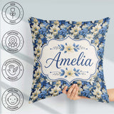Custom Name Elegant Blue and Floral Garden Seamless Pattern Name Square Filled Cushion Throw Pillow Sofa Bed Home Decor Zip Washable UK Made