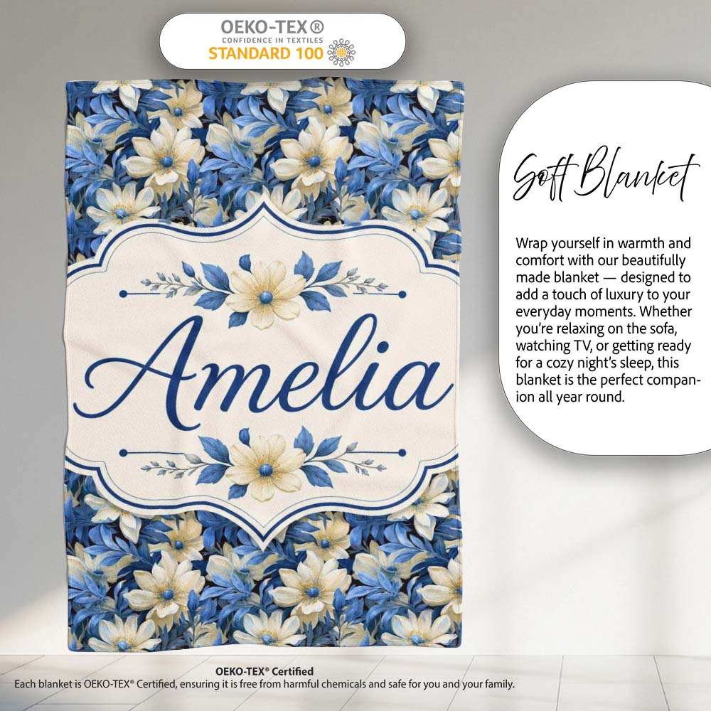 Elegant Blue and Cream Floral Garden Seamless Pattern Name Cute  Personalised Custom Name Super Soft Fleece Blanket Bed Sofa Throw