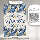 Elegant Blue and Cream Floral Garden Seamless Pattern Name Cute  Personalised Custom Name Super Soft Fleece Blanket Bed Sofa Throw