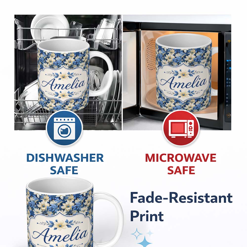 Personalized Custom Name Elegant Blue and Cream Floral Garden Seamless Pattern Name Cute 11oz Ceramic Coffee Tea Mug White Large Handle