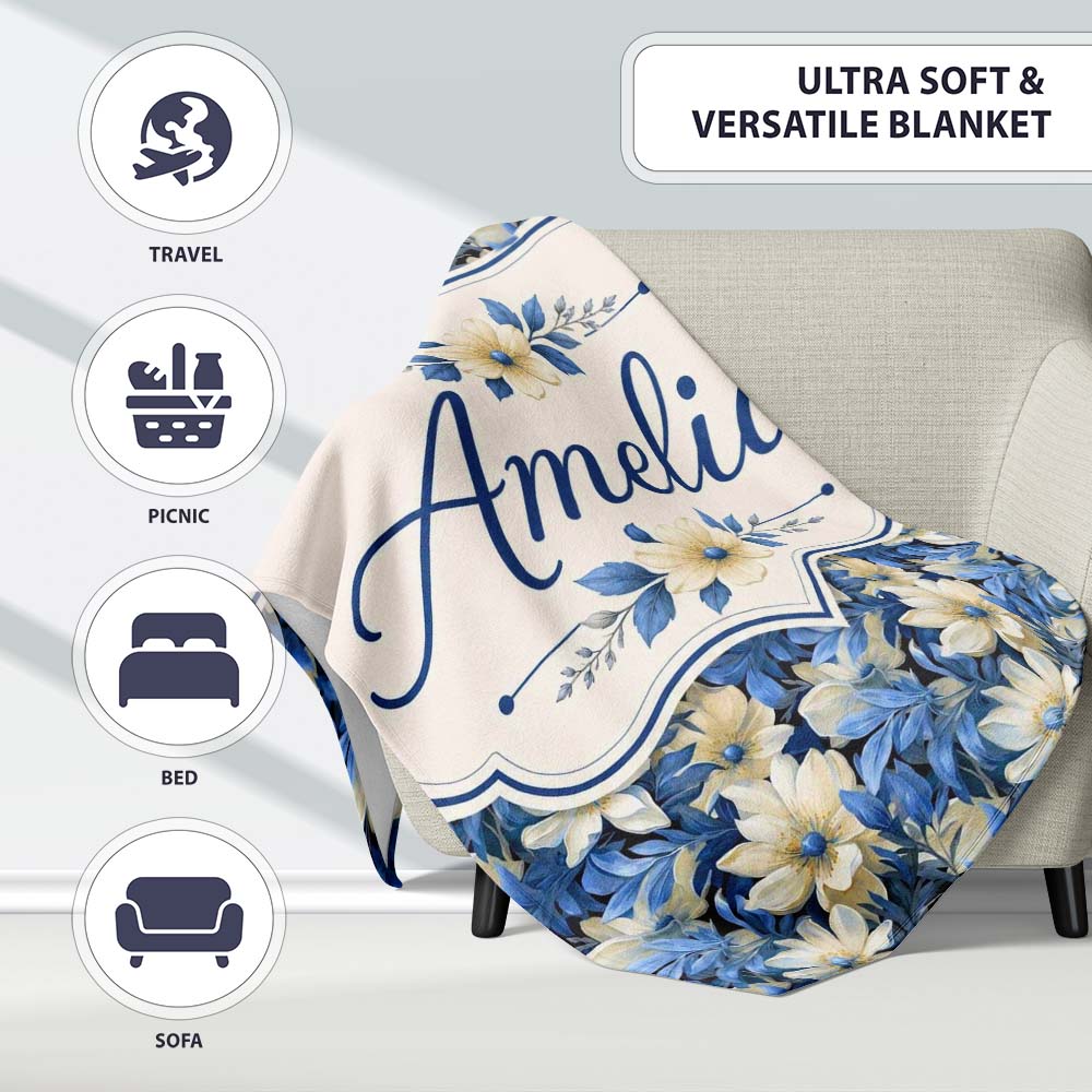 Elegant Blue and Cream Floral Garden Seamless Pattern Name Cute  Personalised Custom Name Super Soft Fleece Blanket Bed Sofa Throw