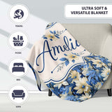 Elegant Blue and Cream Floral Garden Seamless Pattern Name Cute  Personalised Custom Name Super Soft Fleece Blanket Bed Sofa Throw