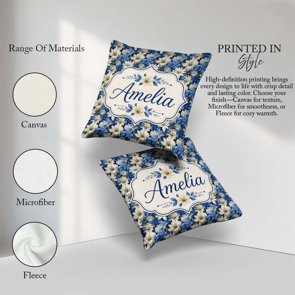 Custom Name Elegant Blue and Floral Garden Seamless Pattern Name Square Filled Cushion Throw Pillow Sofa Bed Home Decor Zip Washable UK Made