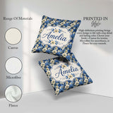 Custom Name Elegant Blue and Floral Garden Seamless Pattern Name Square Filled Cushion Throw Pillow Sofa Bed Home Decor Zip Washable UK Made