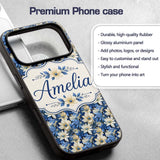 Elegant Blue and Cream Floral Garden Seamless Custom Name Protective Phone Case Mobile Cover Durable Everyday Smartphone Shock Resistant