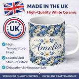 Personalized Custom Name Elegant Blue and Cream Floral Garden Seamless Pattern Name Cute 11oz Ceramic Coffee Tea Mug White Large Handle