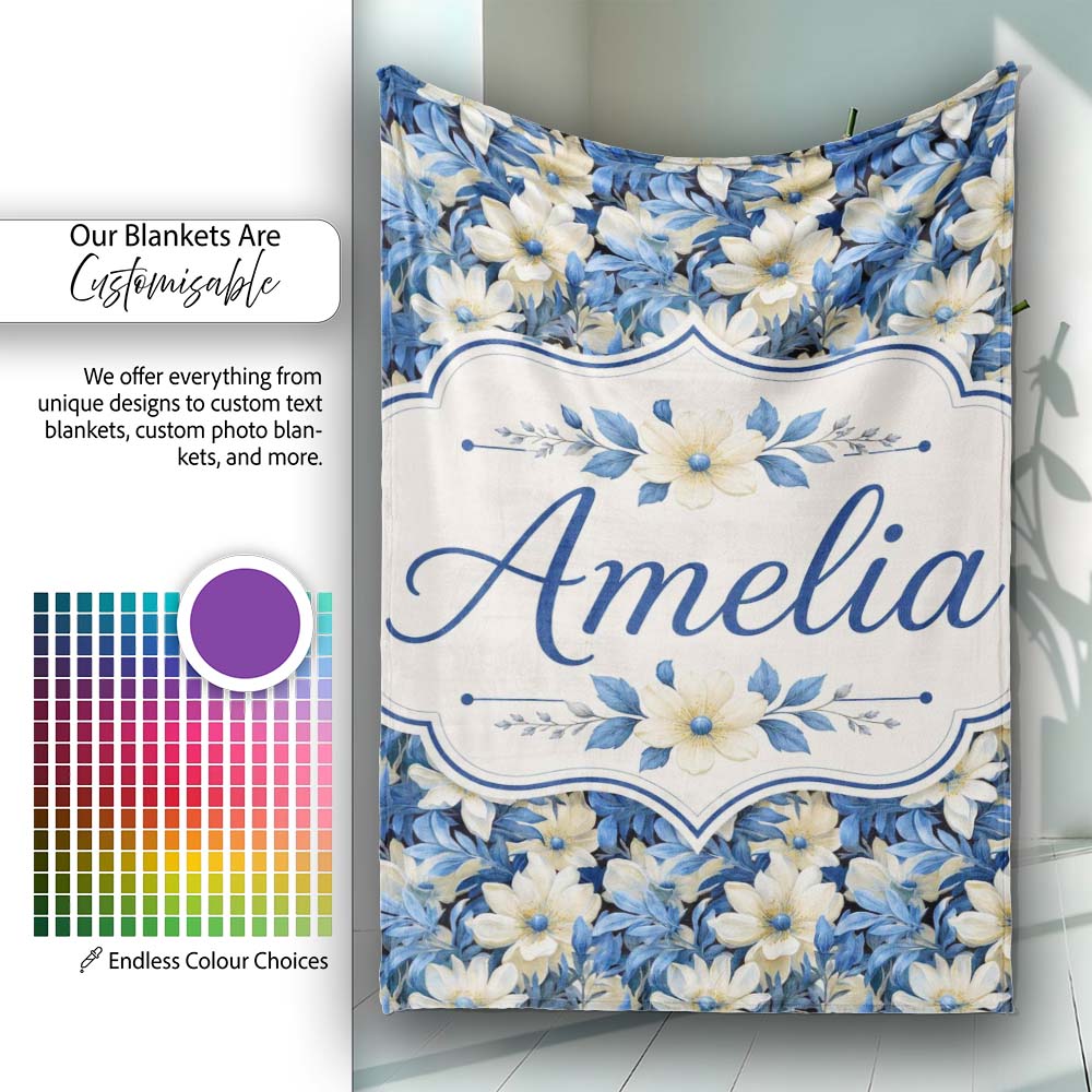 Elegant Blue and Cream Floral Garden Seamless Pattern Name Cute  Personalised Custom Name Super Soft Fleece Blanket Bed Sofa Throw