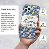 Elegant Blue and Cream Floral Garden Seamless Custom Name Protective Phone Case Mobile Cover Durable Everyday Smartphone Shock Resistant
