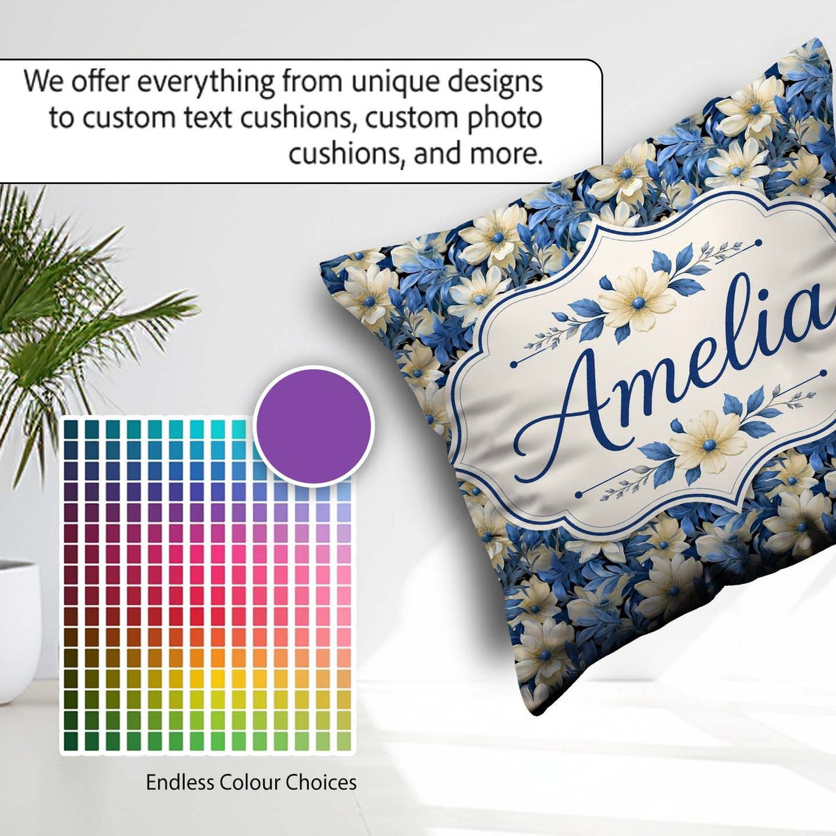 Custom Name Elegant Blue and Floral Garden Seamless Pattern Name Square Filled Cushion Throw Pillow Sofa Bed Home Decor Zip Washable UK Made