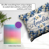 Custom Name Elegant Blue and Floral Garden Seamless Pattern Name Square Filled Cushion Throw Pillow Sofa Bed Home Decor Zip Washable UK Made