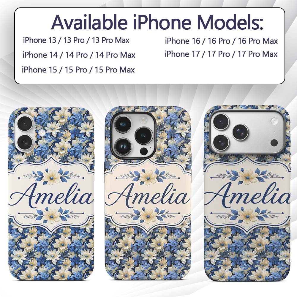 Elegant Blue and Cream Floral Garden Seamless Custom Name Protective Phone Case Mobile Cover Durable Everyday Smartphone Shock Resistant