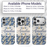 Elegant Blue and Cream Floral Garden Seamless Custom Name Protective Phone Case Mobile Cover Durable Everyday Smartphone Shock Resistant