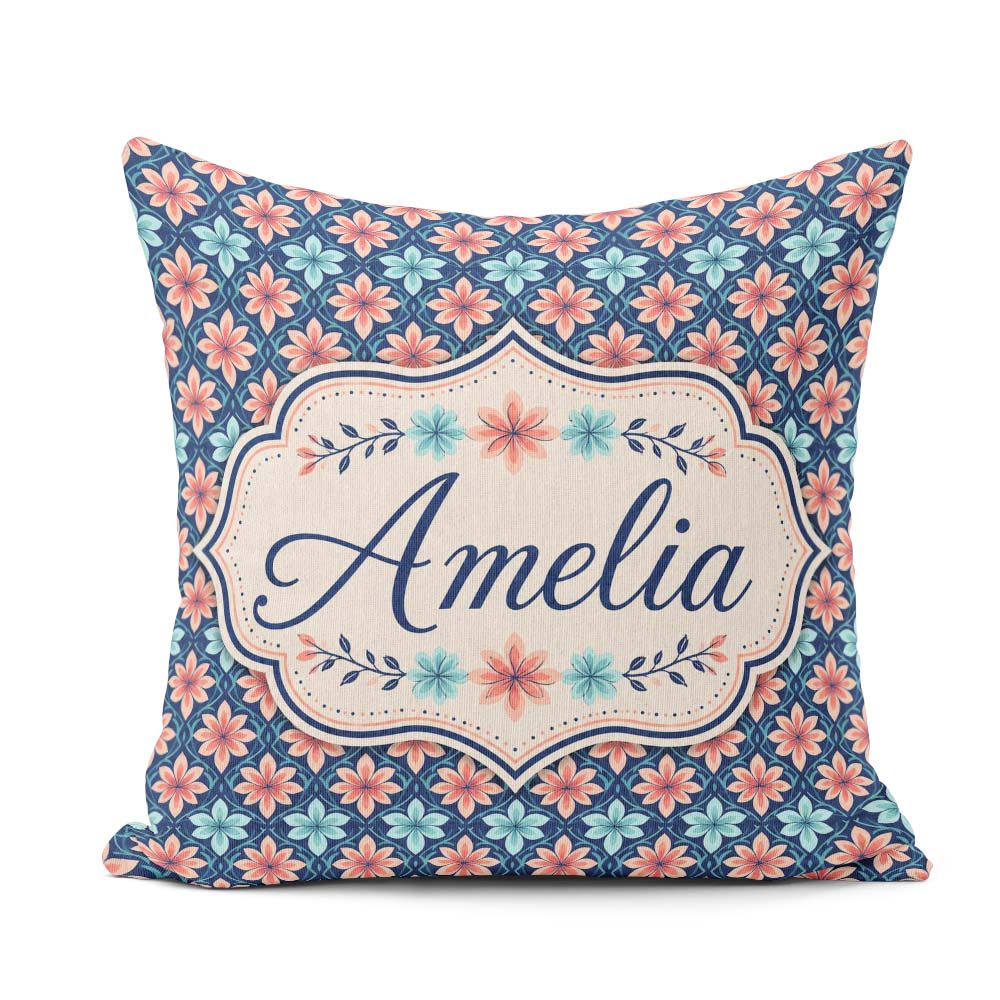 Custom Name Peach and Teal Floral Lattice Seamless Pattern Name Square Filled Cushion Throw Pillow Sofa Bed Home Decor Zip Washable UK Made