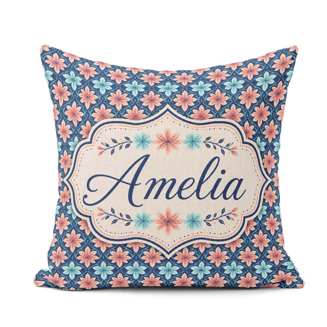 Custom Name Peach and Teal Floral Lattice Seamless Pattern Name Square Filled Cushion Throw Pillow Sofa Bed Home Decor Zip Washable UK Made