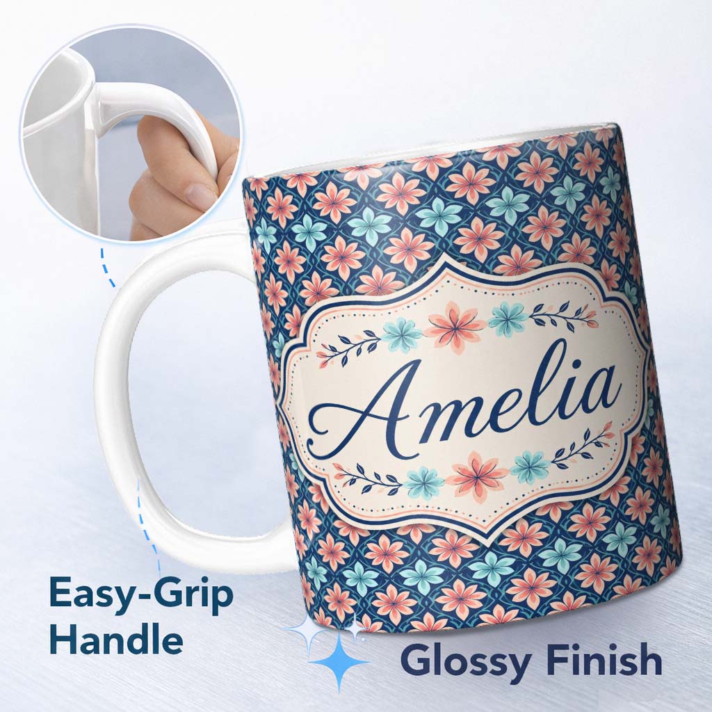 Personalized Custom Name Stylish Peach and Teal Floral Lattice Seamless Pattern Name Cute 11oz Ceramic Coffee Tea Mug White Large Handle