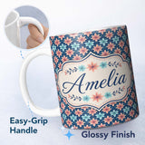 Personalized Custom Name Stylish Peach and Teal Floral Lattice Seamless Pattern Name Cute 11oz Ceramic Coffee Tea Mug White Large Handle