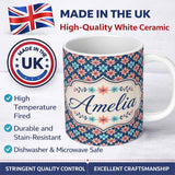Personalized Custom Name Stylish Peach and Teal Floral Lattice Seamless Pattern Name Cute 11oz Ceramic Coffee Tea Mug White Large Handle