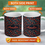 Personalized Custom Name Bold Red Floral Sprigs on Dark Background Seamless Pattern Name Cute 11oz Ceramic Coffee Tea Mug White Large Handle