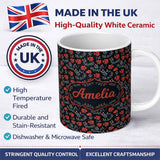 Personalized Custom Name Bold Red Floral Sprigs on Dark Background Seamless Pattern Name Cute 11oz Ceramic Coffee Tea Mug White Large Handle