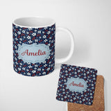 Personalized Custom Name Navy Floral with White Blossoms and Red Berries Seamless Pattern 11oz Ceramic Coffee Tea Mug White Large Handle