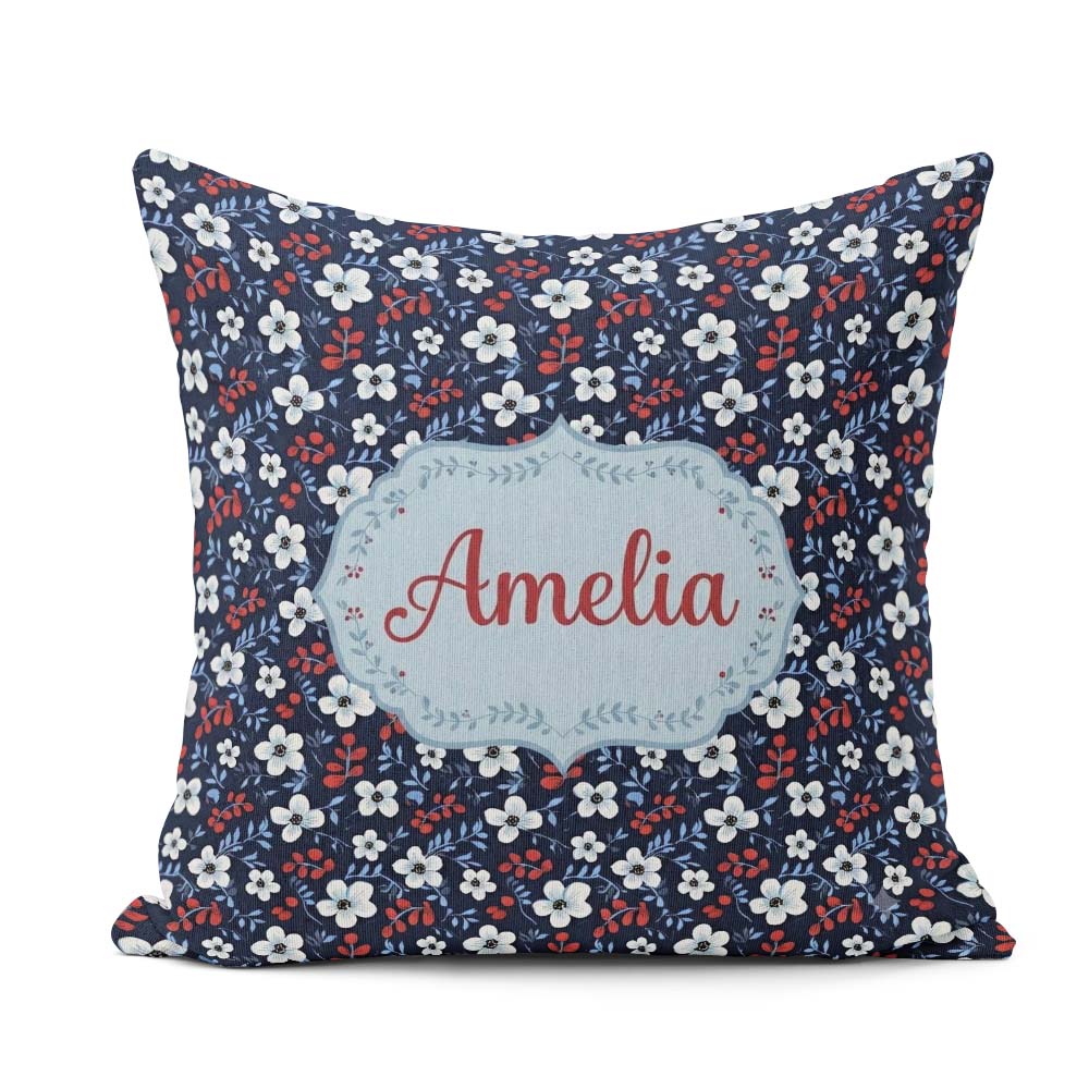 Custom Name Navy Floral with White Blossoms and Berries Seamless Square Filled Cushion Throw Pillow Sofa Bed Home Decor Zip Washable UK Made